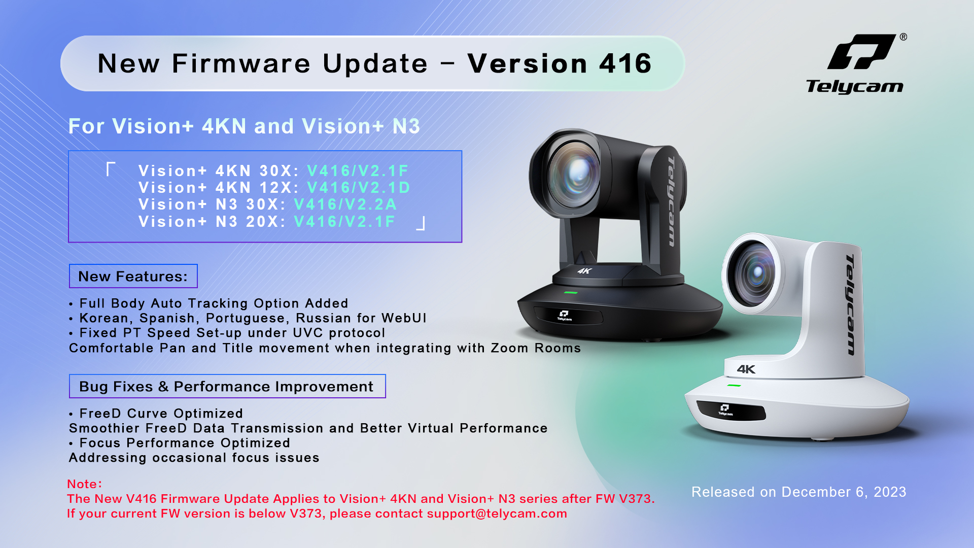 telycam new firmware update v416